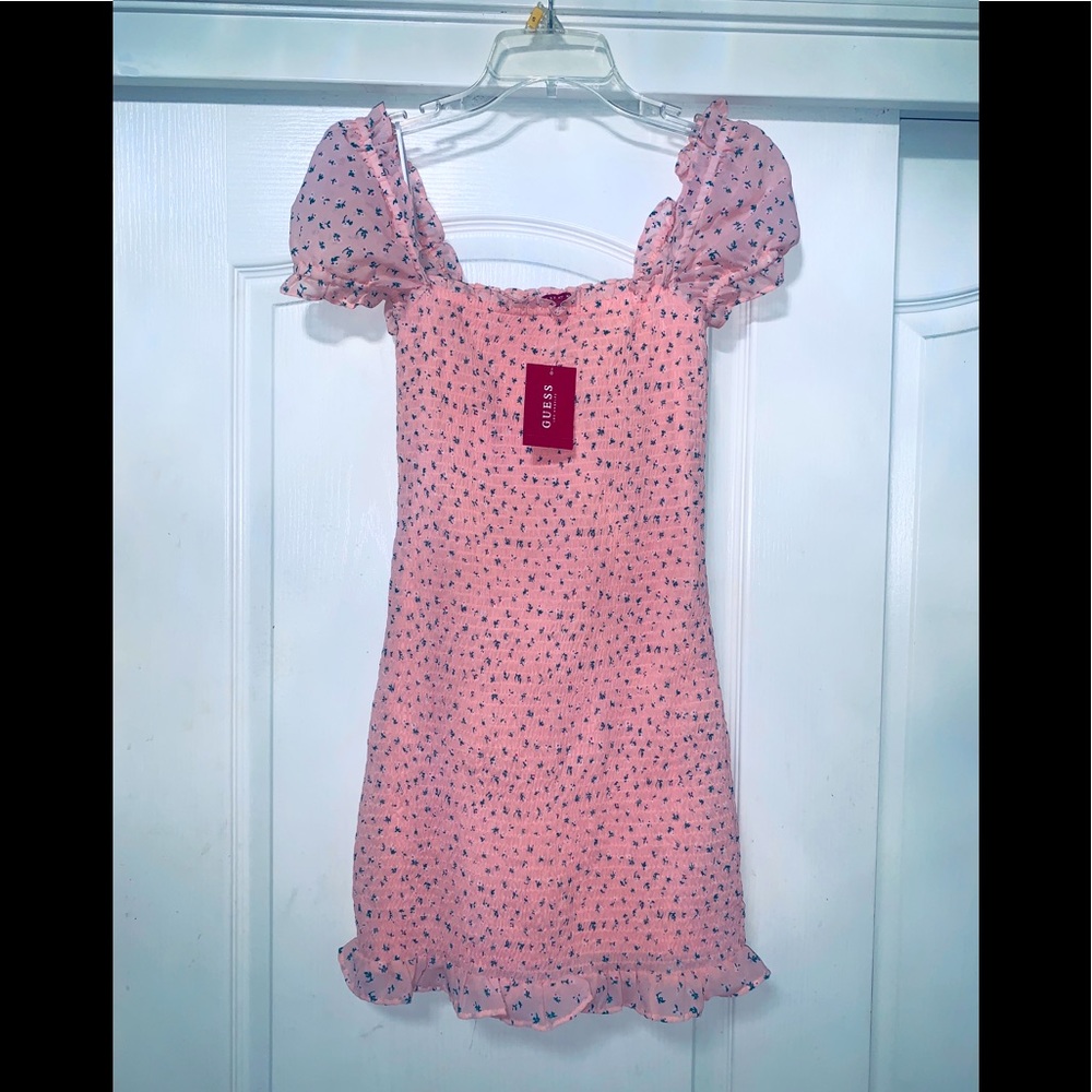 Guess- New with Tags Small Rylee Smocked Mini Dress-Pink Ditsy Social